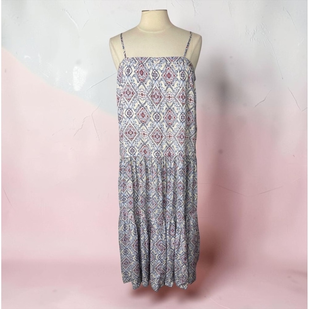 HERSY Tiered Boho Print Maxi Dress with Adjustable Spaghetti Straps, LARGE